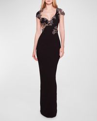 Floral Crystal Embellished Cap-Sleeve Open-Back Column Gown