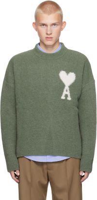 AMI Paris Pull vert à col ras du cou et à logo Ami de cœur