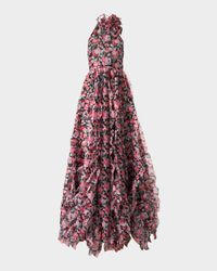 Corsage Halter Floral Ruffle Gown