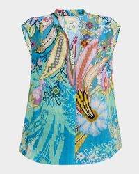 Digital-Print V-Neck Cap-Sleeve Silk Blouse
