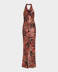 Wavy-Print Satin Cowl-Neck Halter Gown