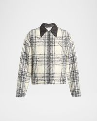 Men's Leather-Collar Check Boucle Jacket