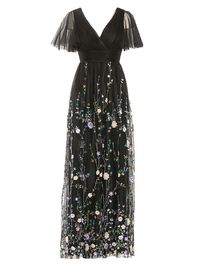 Women's Embellished Illusion V-Neck Gown - Black Multi - Size 14