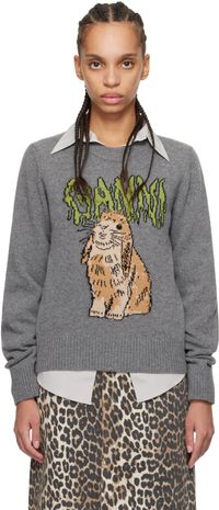 GANNI Gray Graphic Bunny Sweater