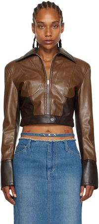 JUNEYEN Brown Paneled Faux-Leather Bomber Jacket