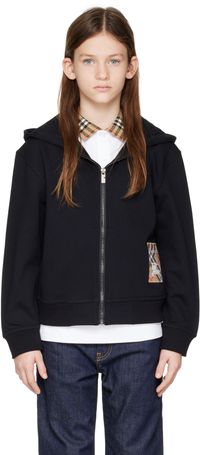 Burberry Enfant | Pull à capuche noir en coton à écusson à carreaux et à glissière