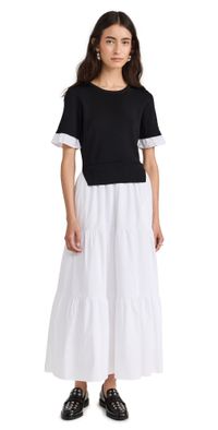 English Factory Mixed Media Short Sleeve Maxi Dress Black/Ivory L