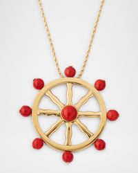 Estate 18K Yellow Gold Coral Boat Wheel Pendant Necklace