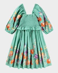 Girl's Chipie Smocked Floral Cotton Puff-Sleeve Dress, Size 7-12