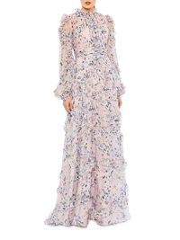 Women's Ruffled Floral Balloon-Sleeve Gown - Blush Multi - Size 18