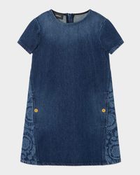 Girl's Short-Sleeved Shift Denim Dress, Size 6-14