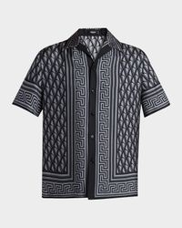 Men's Silk Monogram Greca-Trim Bowling Shirt