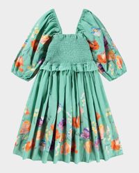 Girl's Chipie Smocked Floral Cotton Puff-Sleeve Dress, Size 3T-6