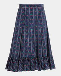 Cherry Polka-Dot Striped Crepe De Chine Skirt