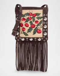 Nellcote Small Fringe Jacquard Cherries Suede Crossbody Bag