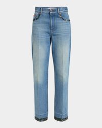 Floral-Print Trim Straight-Leg Denim Jeans