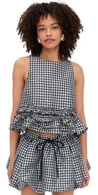 GANNI Crinkled Taffeta Check Frill Top Black 40