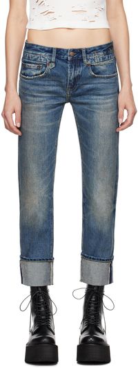 R13 Jean boyfriend droit bleu à revers roulés