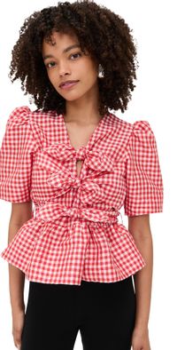 GANNI Crinkled Taffeta Check Tie Strap Blouse Red Alert 34