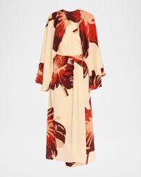 Odyssey Floral Silk Draped Long-Sleeve Ankle Dress