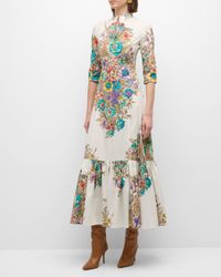 Bouquet Floral-Print 3/4-Sleeve Cotton Maxi Dress