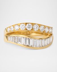 18K Yellow Gold Baguette and Round Diamond Two-Wave Ring