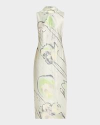 Sleeveless Watercolor Bias-Cut Scarf Midi Dress