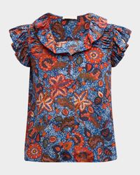 Ivette Floral-Print Ruffle Silk Top