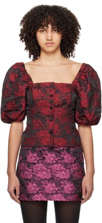 GANNI Black & Red Botanical Jacquard Blouse