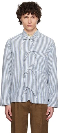 Drake's Blue & White Grandad Collar Tie Stripe Shirt