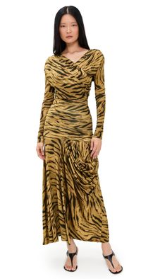 GANNI Printed Shiny Jersey Ruched Long Dress Khaki 36