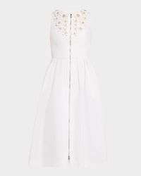 Zip-Front Embroidered Fit-&-Flare Midi Dress