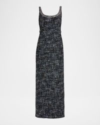 Bead-Trim Tweed Column Gown