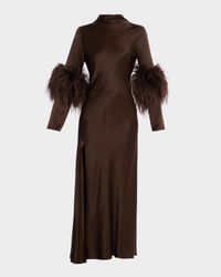 Feather-Trim Satin Maxi Dress