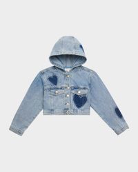 Girl's Cropped Heart-Embellished Denim Jacket, Size 7-14