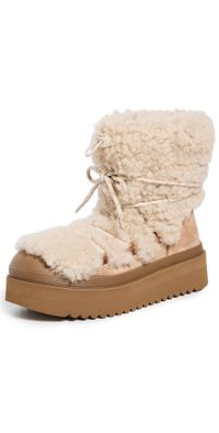 Tory Burch Mellow Shearling Lace Up Boots Buttermilk/Light Chestnut 9