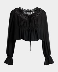 Ruched Lace Silk Peasant Blouse