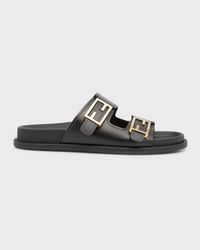 F Buckle Leather Slide Sandals