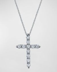18K Gold 11-Stone Shared Prong Round Diamond Cross Necklace, 16"L, 0.50tcw