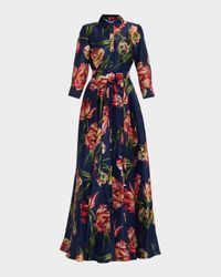Floral Silk Belted Long-Sleeve Trench Gown