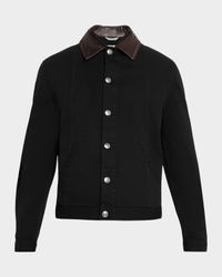 Men's Garment-Dyed Denim Leather-Collar Shirt Jacket