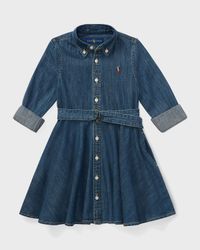 Girl's Belted Fit-and-Flare Denim Shirtdress, Size 2-6X