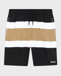 Boy's Striped Logo-Print Swim Trunks, Size 6-12