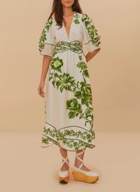 Farm Rio - Robe midi décolleté v à imprimé floral - Taille L - Blanc