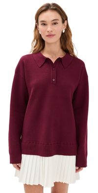 English Factory Polo Mixed Media Mini Dress Burgundy/White S