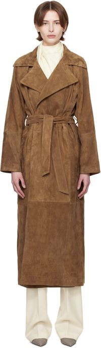 Nour Hammour Manteau Althea brun en suède à ceinture