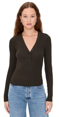 FRAME The Mesh Trim Rib Henley Coffee Heather M