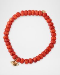 Marquise Floating Evil Eye Charm with Orange Sapphire on Orange Bamboo Coral Bead Bracelet