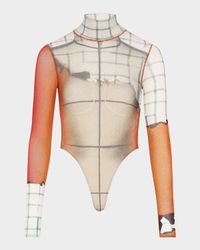 Twisted Body-Print Mesh Long-Sleeve Bodysuit