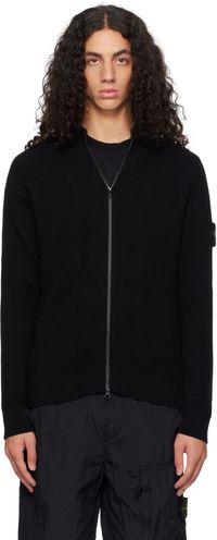 Stone Island Blouson 519C2 noir en tricot côtelé vanisé de laine vierge certifiée RWS